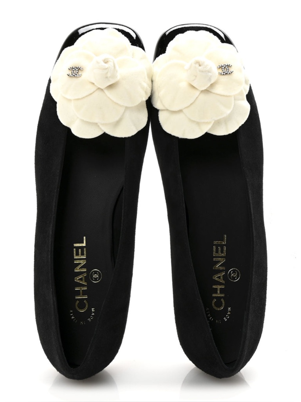 Chanel Suede Patent Cap Toe Camellia Ballerina Flats 39.5 Black White